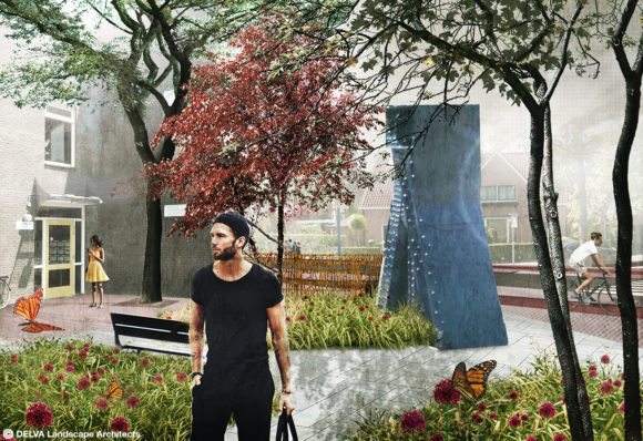 Ludgerusplein: Het Ludgerusplein wordt een plek waar je geïnformeerd wordt over de geschiedenis van de plek dmv het stalen brugdeel of even rust voor je de wandeling verder zet. Het groene plein doet tevens dienst als een soort voortuin voor het woonblok.