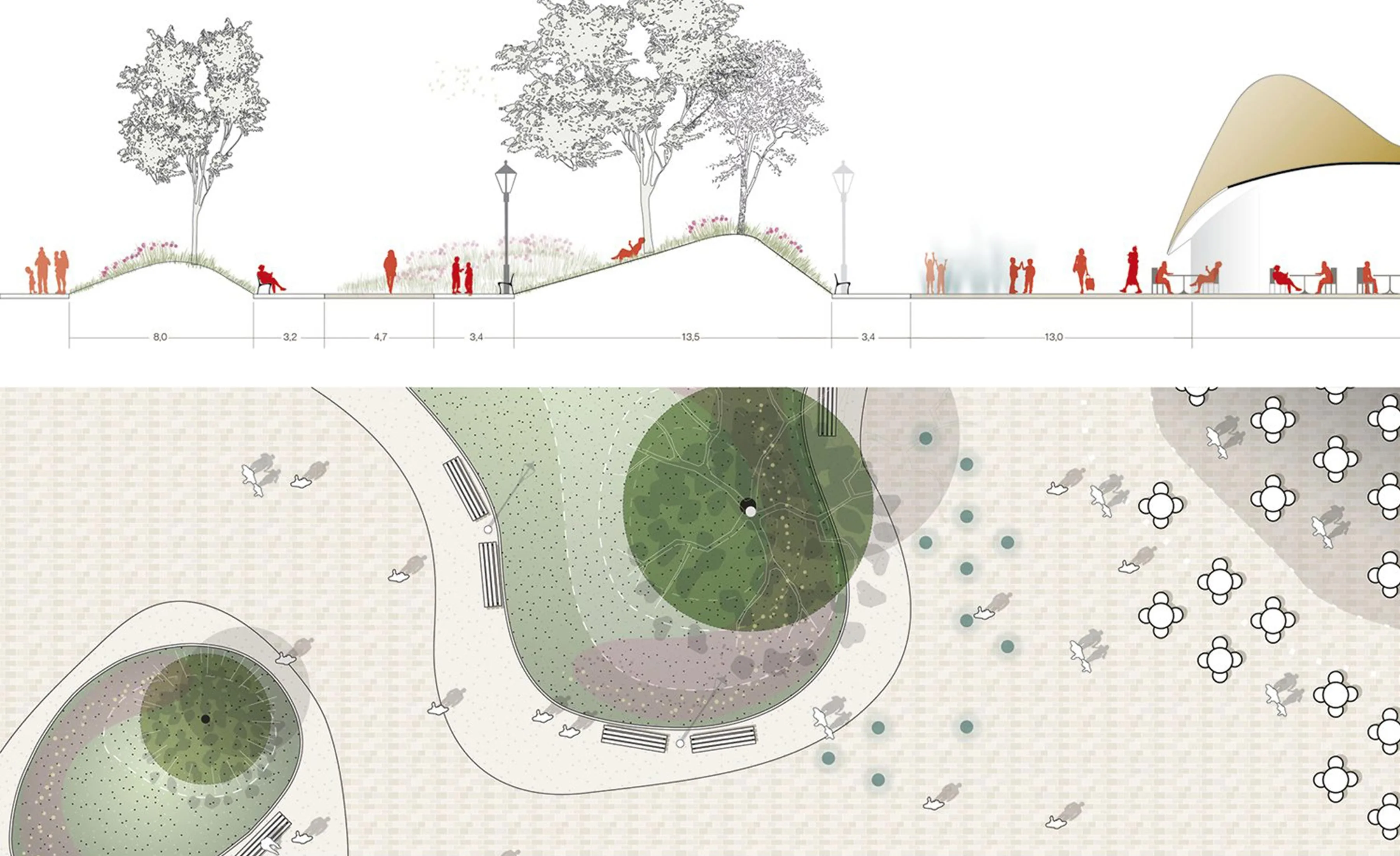 Materialisatie van het plein met de groene parels